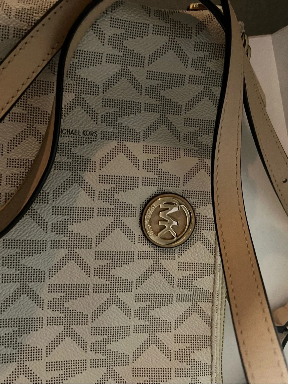 Michael Kors Beige Logo-Print Tote with Gold Emblem
